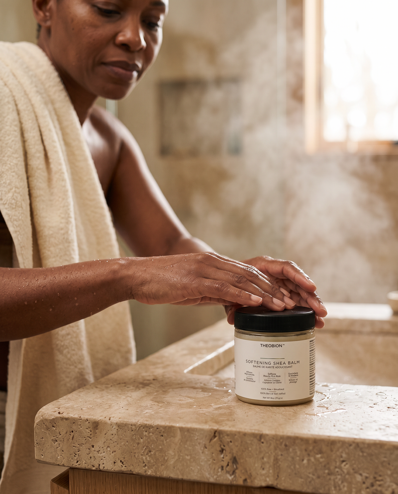 Massaging shea balm onto skin after a shower