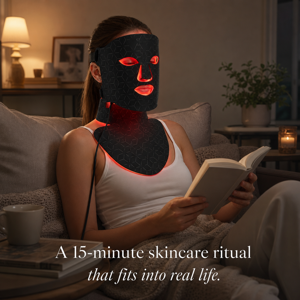 Person wearing a LED face and neck mask while reading a book in a cozy living room.