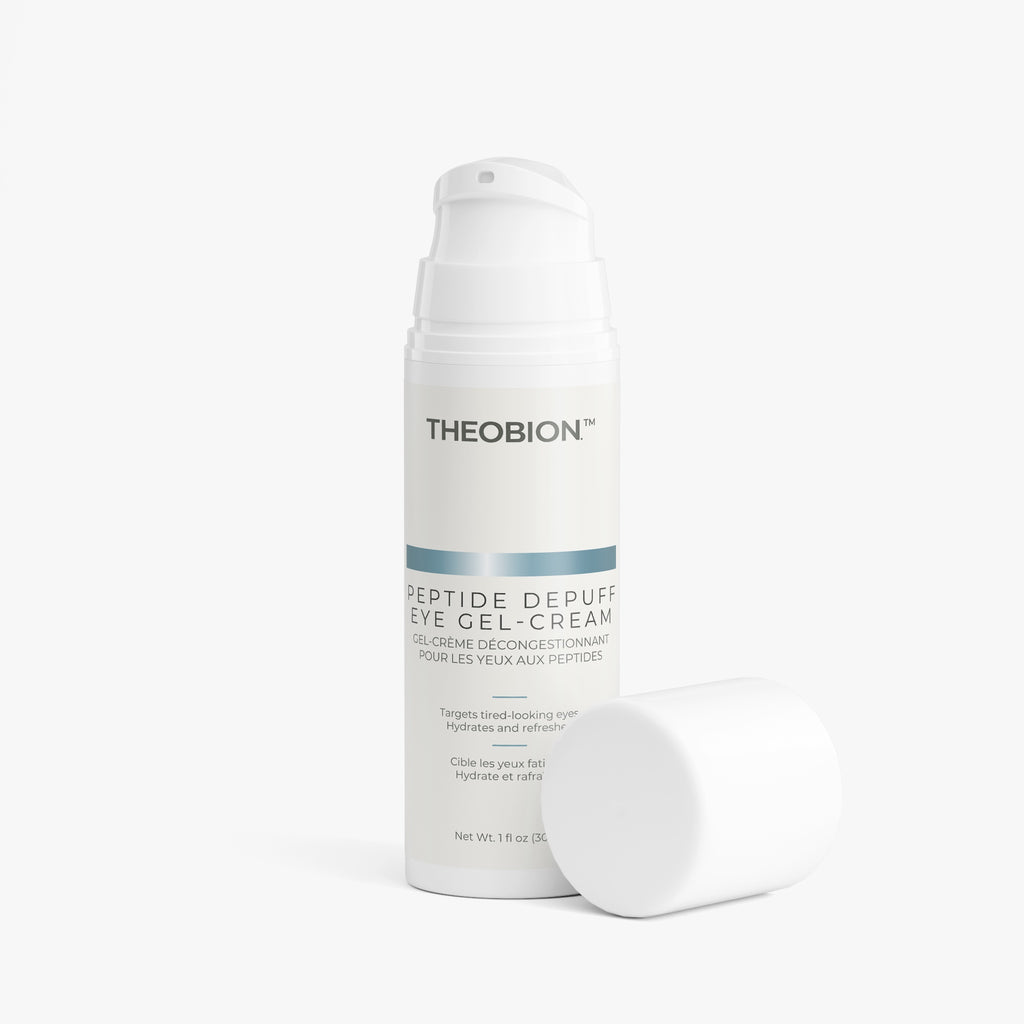 Theobion Peptide Depuff Eye Gel-Cream in a white pump bottle with its cap resting beside it on a clean white background.