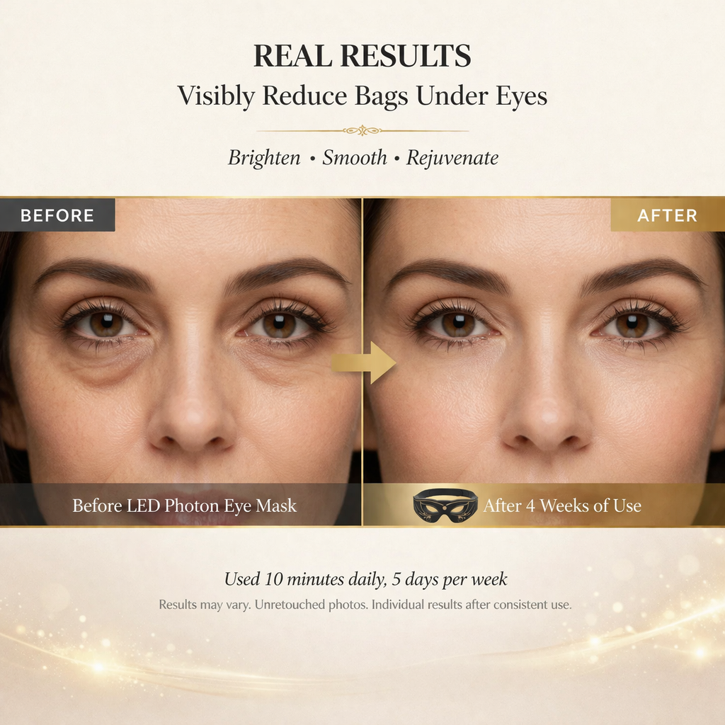 Before and after effect of LED Photon Eye Mask on reducing bags under eyes.