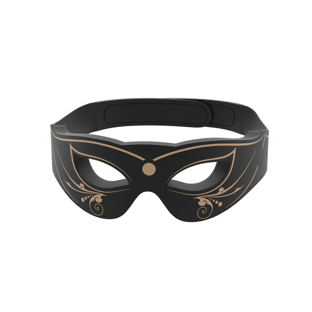 Black mask with gold accents on a white background