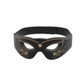 Black mask with gold accents on a white background