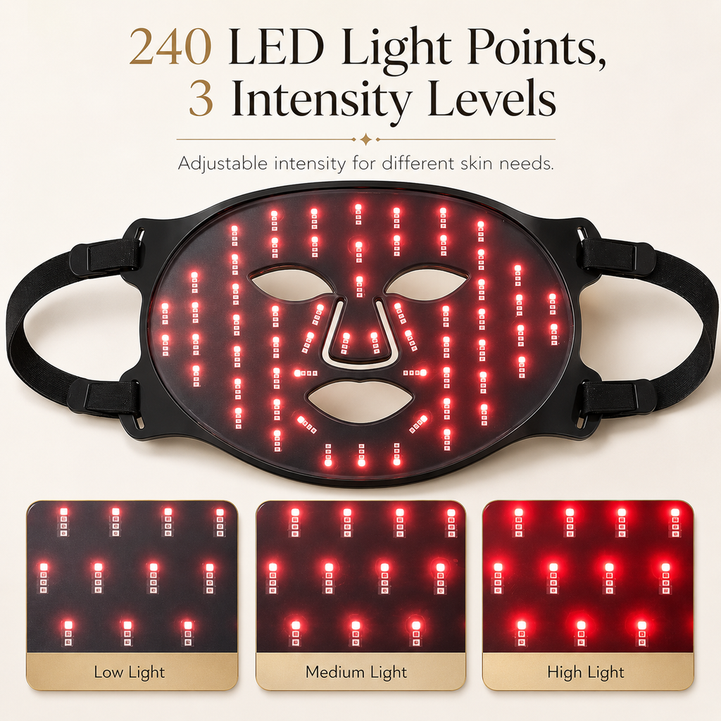LED face mask with 240 light points and adjustable intensity levels on a beige background.