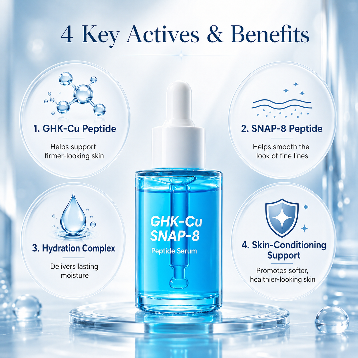 GHK-Cu SNAP-8 Peptide Serum with key active ingredients and benefits on a blue gradient background