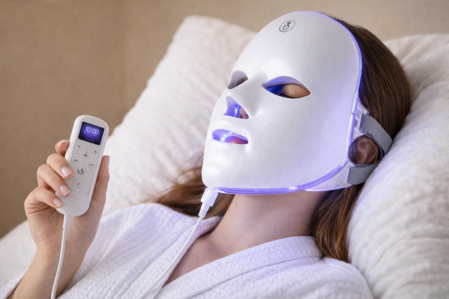 Person wearing a LED face mask with remote control on a beige background