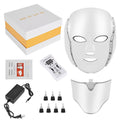 LED face mask with accessories including a power adapter, remote control, and bulbs on a white background.