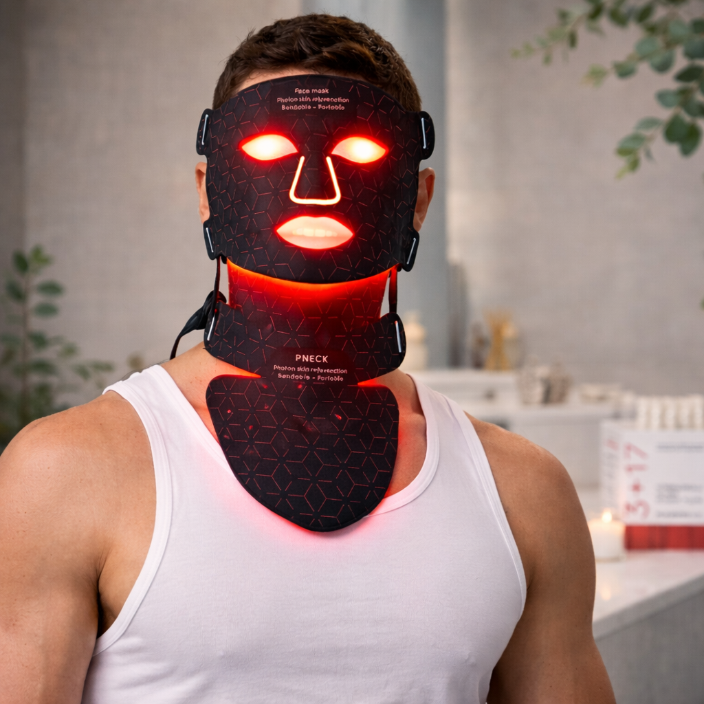 Person wearing a LED face and neck mask in a home setting