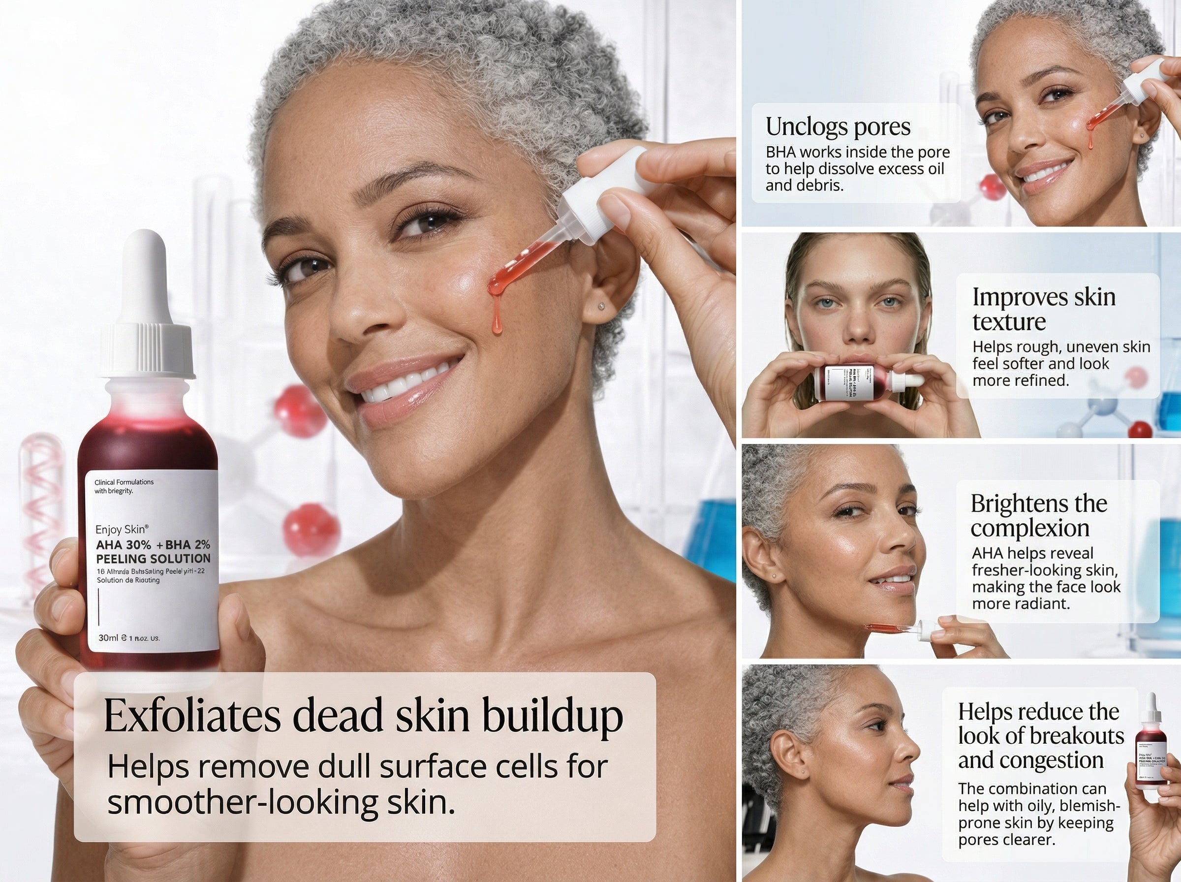 Woman applying skincare product with text highlighting benefits on a white background