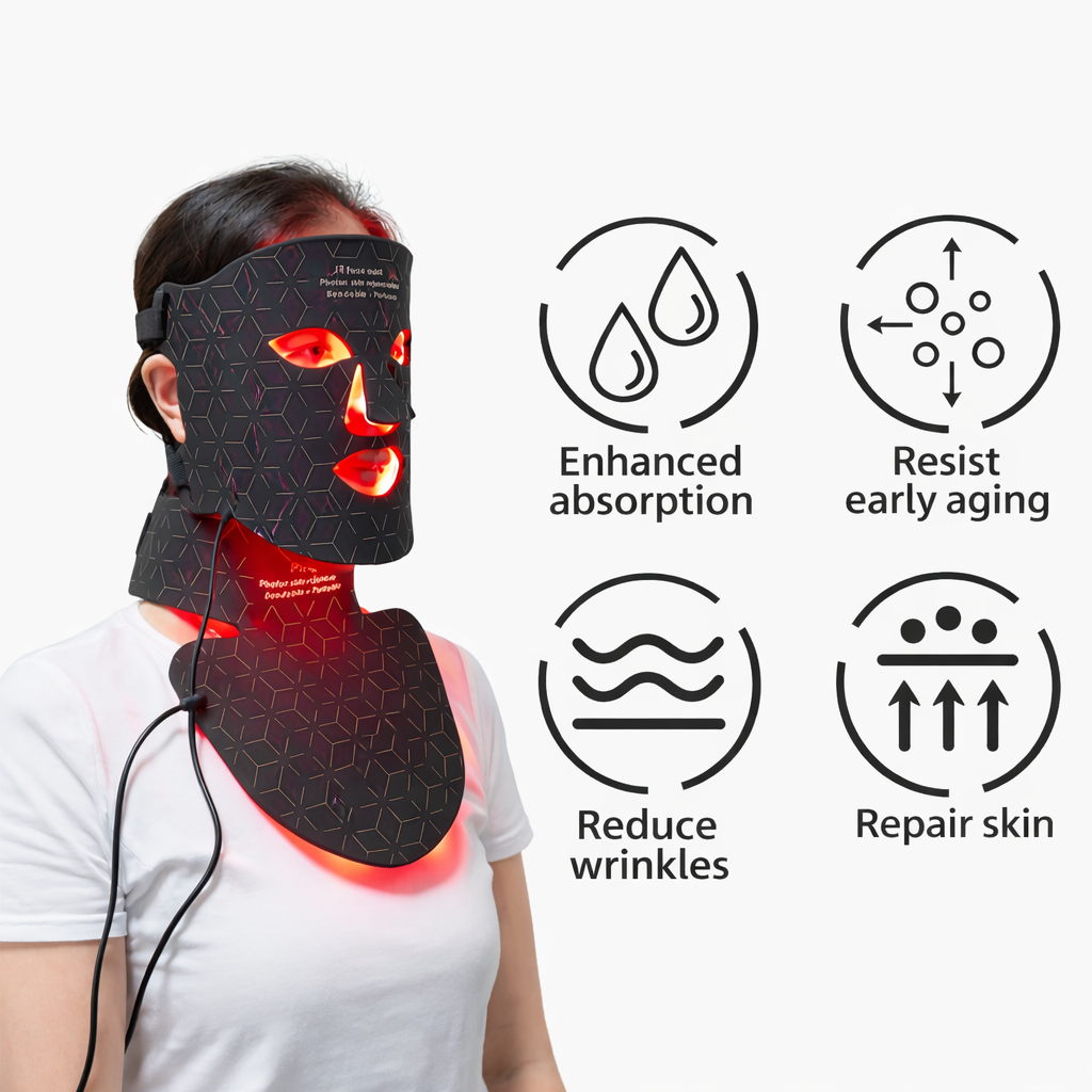Person wearing a facial and neck device with icons and text on a white background