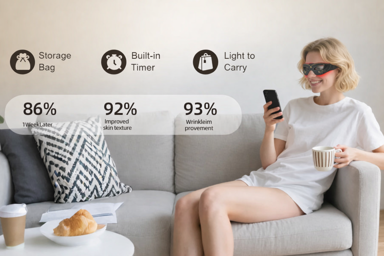 Woman sitting on a couch with a phone and mug, surrounded by product features and statistics.