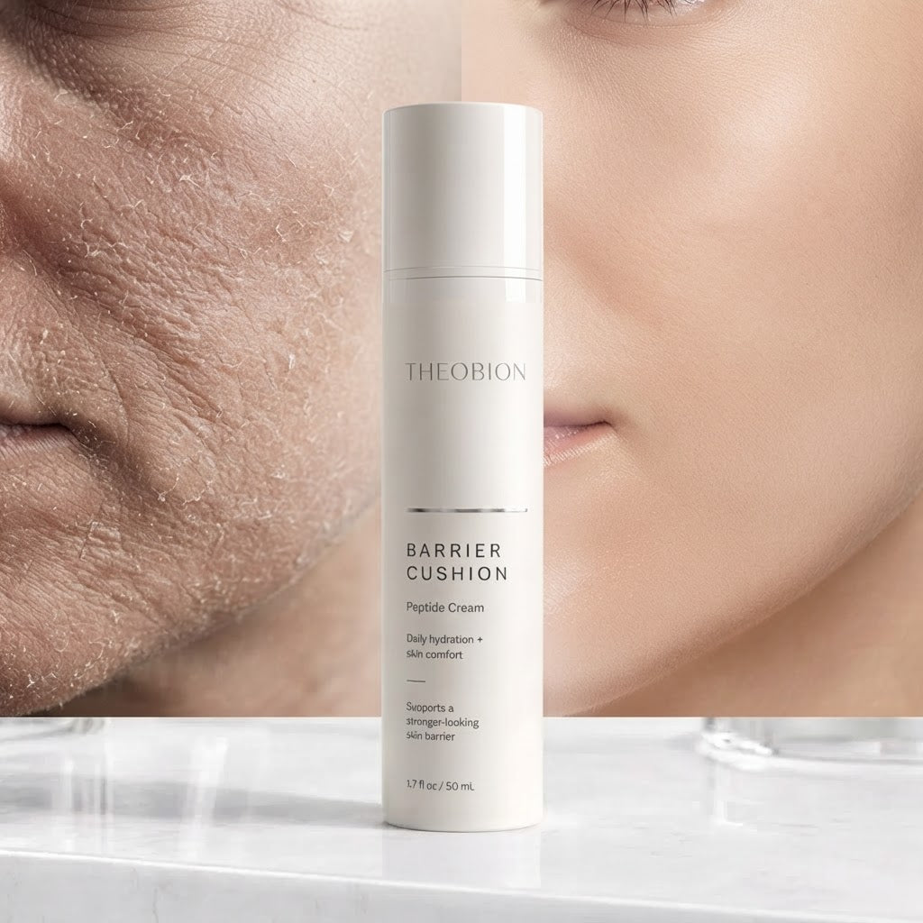 THEOBION Barrier Cushion Peptide Cream bottle displayed against a split before-and-after close-up of dry versus smooth skin, highlighting barrier repair benefits.