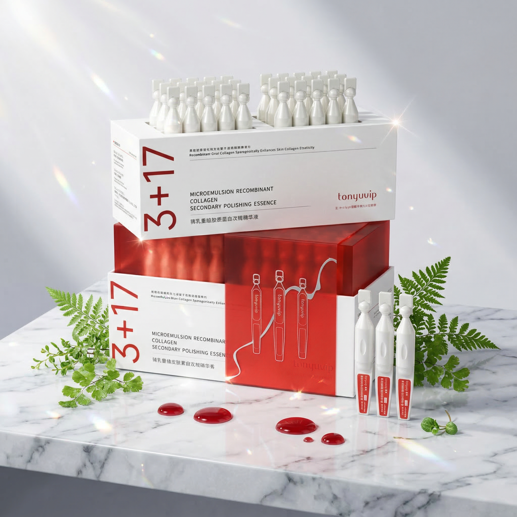 Packaging of 3+17 skincare product with ampoules on a marble surface