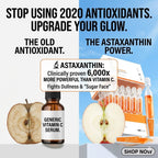 Advertisement for a vitamin C serum with astaxanthin, showing a bottle and packaging on a white and blue background.