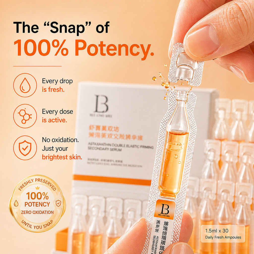 Skin care ampoules with packaging and text highlighting potency and freshness.