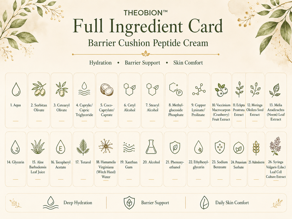 Fiche complète des ingrédients de Theobion pour la crème peptidique Barrier Cushion, présentant une grille de 26 ingrédients avec leurs icônes et leurs noms sur un fond beige clair agrémenté d’illustrations botaniques.
