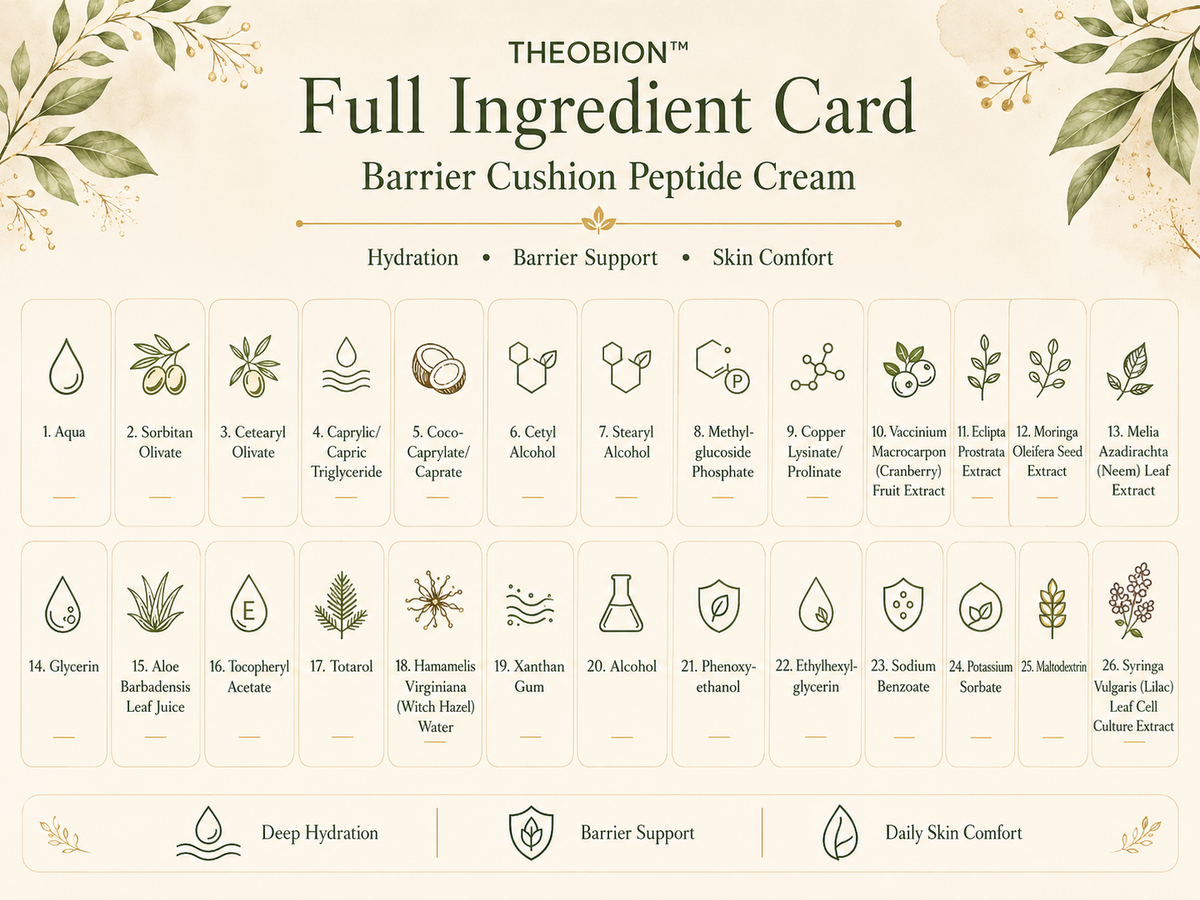 Fiche complète des ingrédients de Theobion pour la crème peptidique Barrier Cushion, présentant une grille de 26 ingrédients avec leurs icônes et leurs noms sur un fond beige clair agrémenté d’illustrations botaniques.