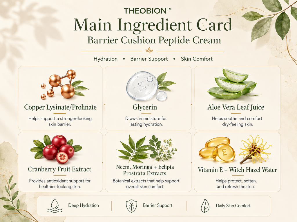 Infographie numérique intitulée « Fiche des ingrédients principaux de Theobion », détaillant la crème peptidique Barrier Cushion. La fiche présente une grille de six illustrations d’ingrédients accompagnées de descriptions textuelles : lysinate/prolinates de cuivre, glycérine, jus de feuilles d’aloe vera, extrait de canneberge, extraits de neem, de moringa et d’Eclipta prostrata, ainsi que vitamine E et eau d’hamamélis.