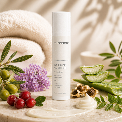 A white bottle of THEOBION Barrier Cushion peptide cream stands on a marble surface surrounded by skincare props including a dollop of cream, aloe vera slices, cranberries, green olives, purple flowers, and leaves. A folded towel and soft warm background are visible behind it.