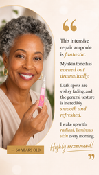 Woman holding a pink bottle with customer testimonial text about skin improvement and product recommendation.