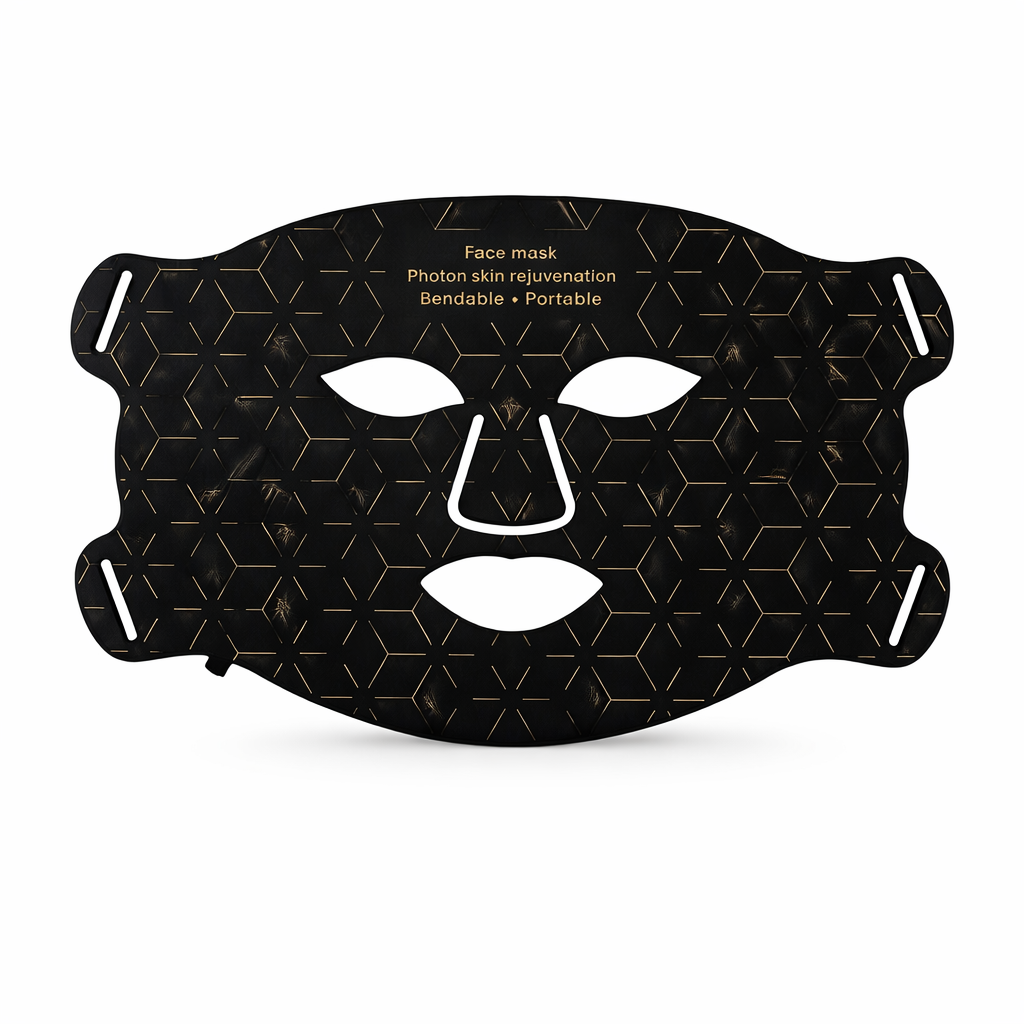 Black face mask with geometric pattern on a white background