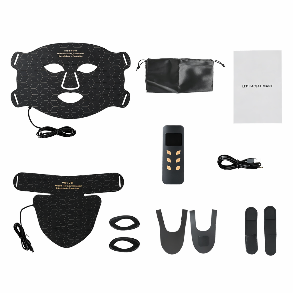 LED facial mask set with accessories on a white background