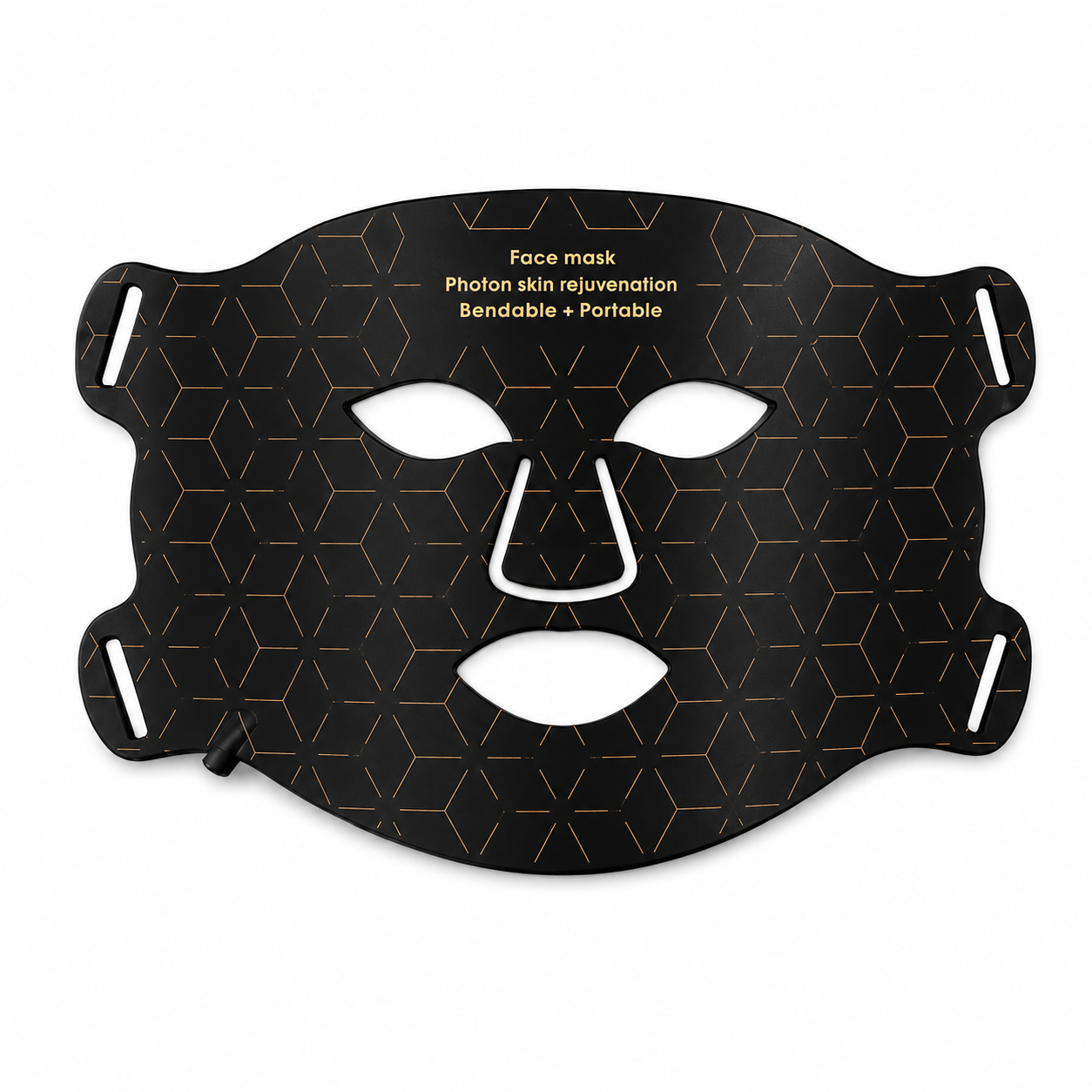 Black face mask with geometric pattern on a white background