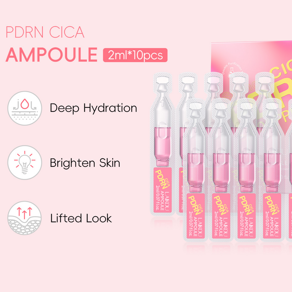 PDRN CICA AMPOULE packaging with product details on a pink background