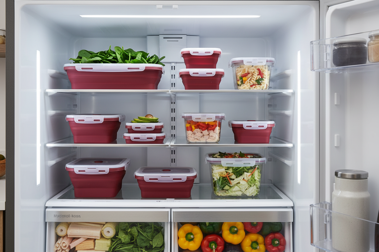 Collapsible Containers in High-End Kitchen Fridge