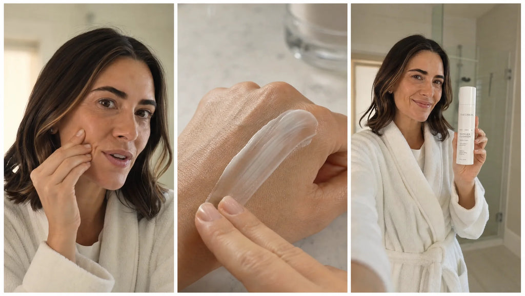 A woman in a white robe applying THEOBION Barrier Cushion Peptide Cream to her face, alongside a close-up cream swatch on skin and a lifestyle shot holding the bottle."