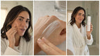 A woman in a white robe applying THEOBION Barrier Cushion Peptide Cream to her face, alongside a close-up cream swatch on skin and a lifestyle shot holding the bottle."