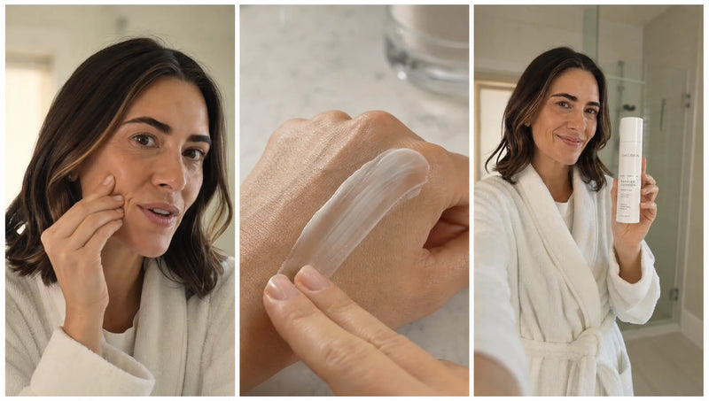 A woman in a white robe applying THEOBION Barrier Cushion Peptide Cream to her face, alongside a close-up cream swatch on skin and a lifestyle shot holding the bottle."