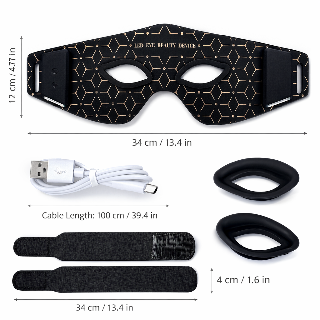 LED eye beauty device with USB cable and straps on a white background