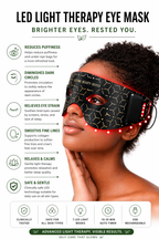 LED light therapy eye mask with a woman wearing it, highlighting its benefits.