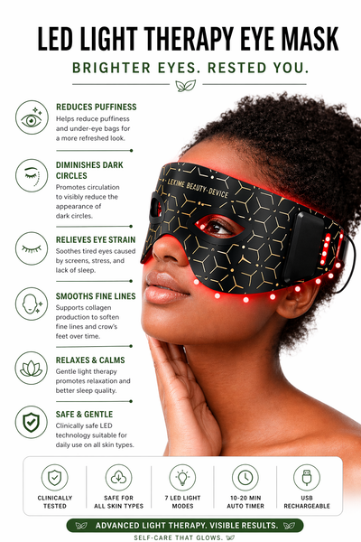 LED light therapy eye mask with a woman wearing it, highlighting its benefits.
