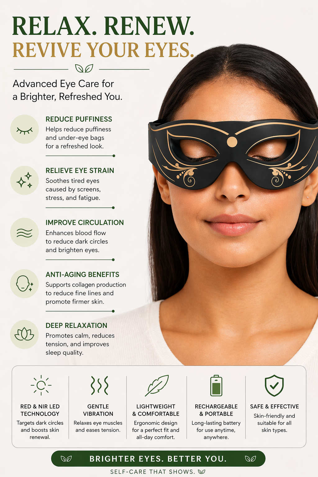 Woman wearing an eye mask with product features listed above her eyes.