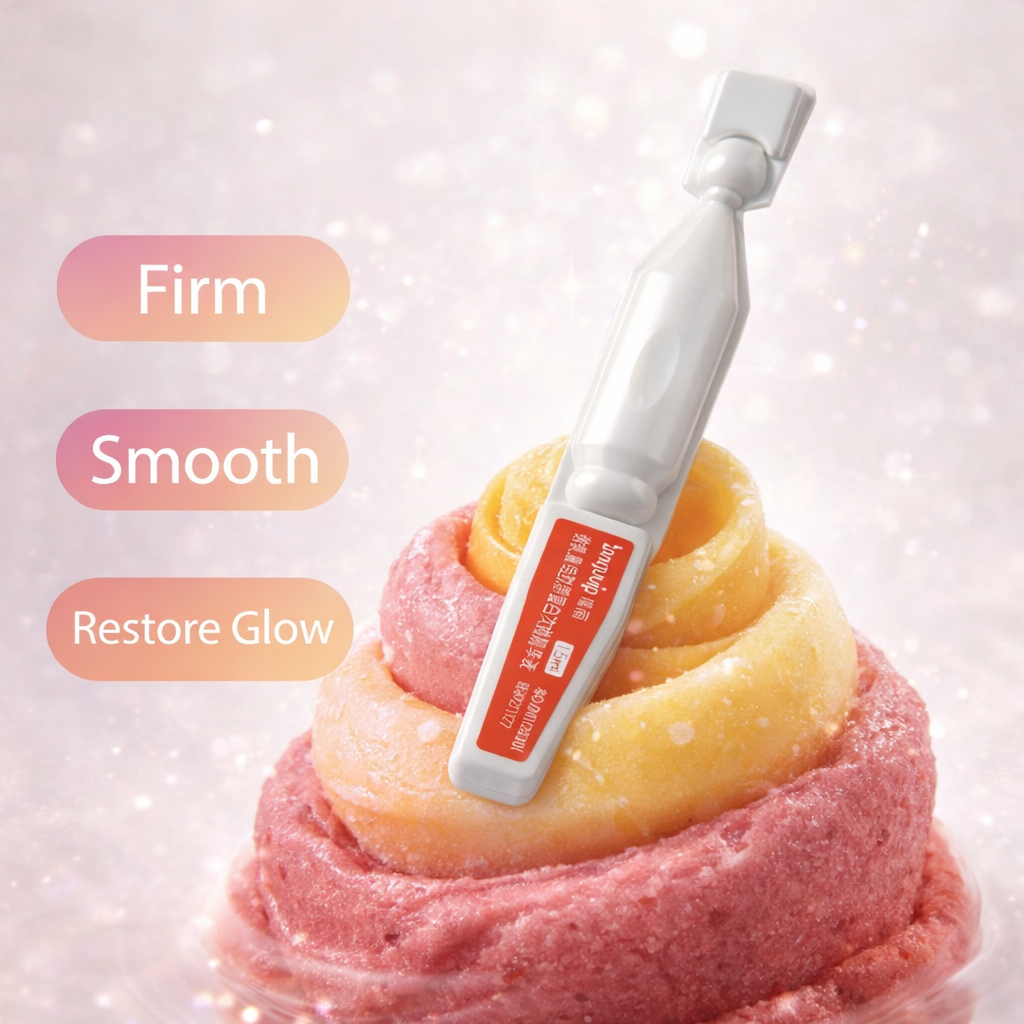 Skincare product with a swirling pink and yellow cream and text 'Firm', 'Smooth', 'Restore Glow' on a light background.
