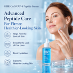 Woman applying GHK-Cu SNAP-8 Peptide Serum with product and benefits listed on a blue background