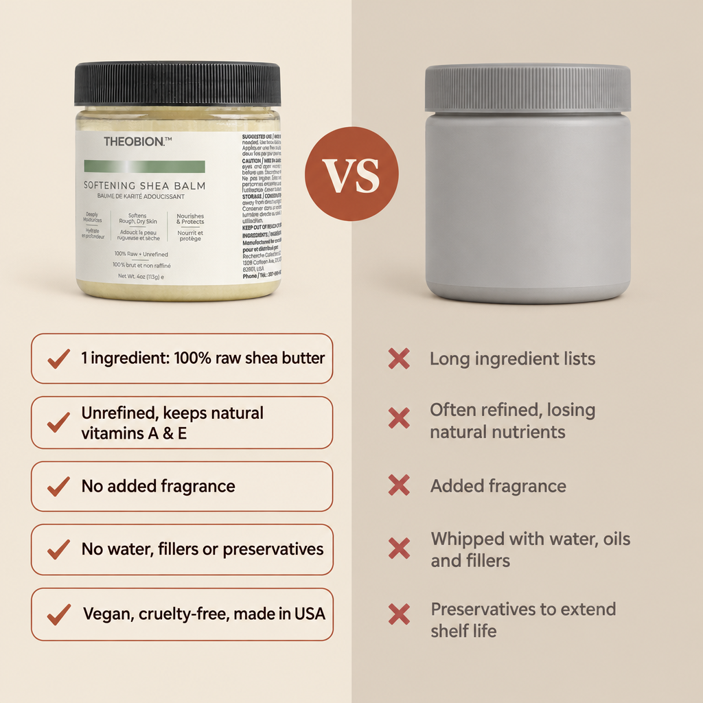 Theobion Softening Shea Balm, 100% raw unrefined shea butter, compared with a typical body butter jar
