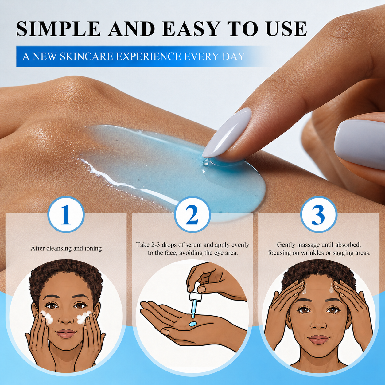 Step-by-step skincare guide with hands applying serum and text about a new skincare experience.