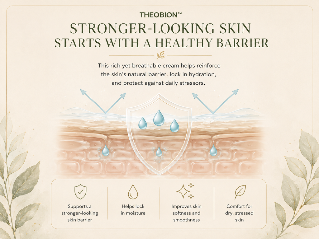 Infographie « Theobion : une peau d’apparence plus forte commence par une barrière cutanée saine » sur un fond crème chaleureux, présentant du texte, une illustration de la barrière cutanée avec des gouttelettes d’eau et quatre encadrés mettant en avant les bienfaits.
