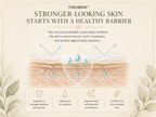 Infographie « Theobion : une peau d’apparence plus forte commence par une barrière cutanée saine » sur un fond crème chaleureux, présentant du texte, une illustration de la barrière cutanée avec des gouttelettes d’eau et quatre encadrés mettant en avant les bienfaits.