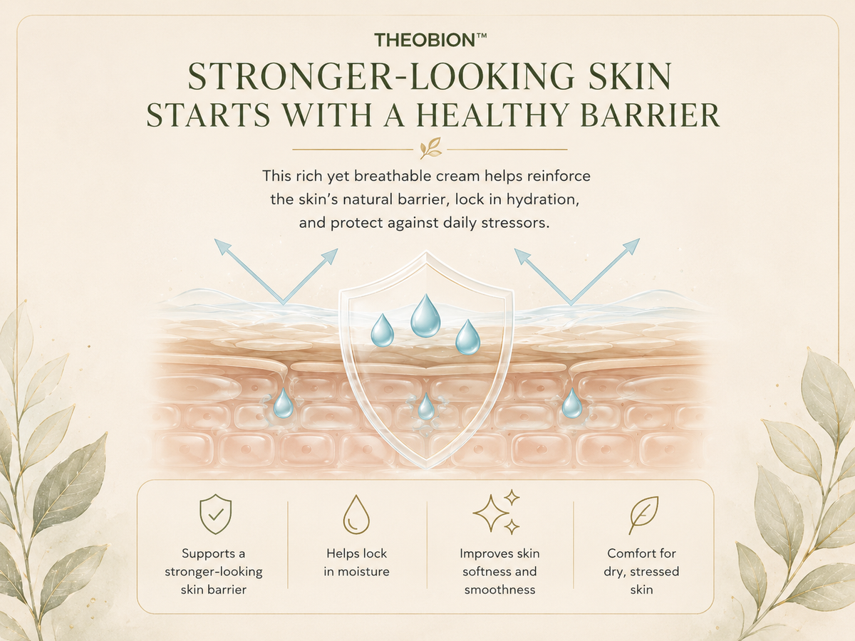 Infographie « Theobion : une peau d’apparence plus forte commence par une barrière cutanée saine » sur un fond crème chaleureux, présentant du texte, une illustration de la barrière cutanée avec des gouttelettes d’eau et quatre encadrés mettant en avant les bienfaits.