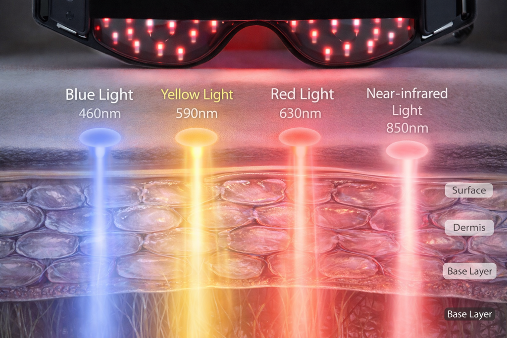 Diagram showing different wavelengths of light and their effects on skin layers with a close-up of skin.