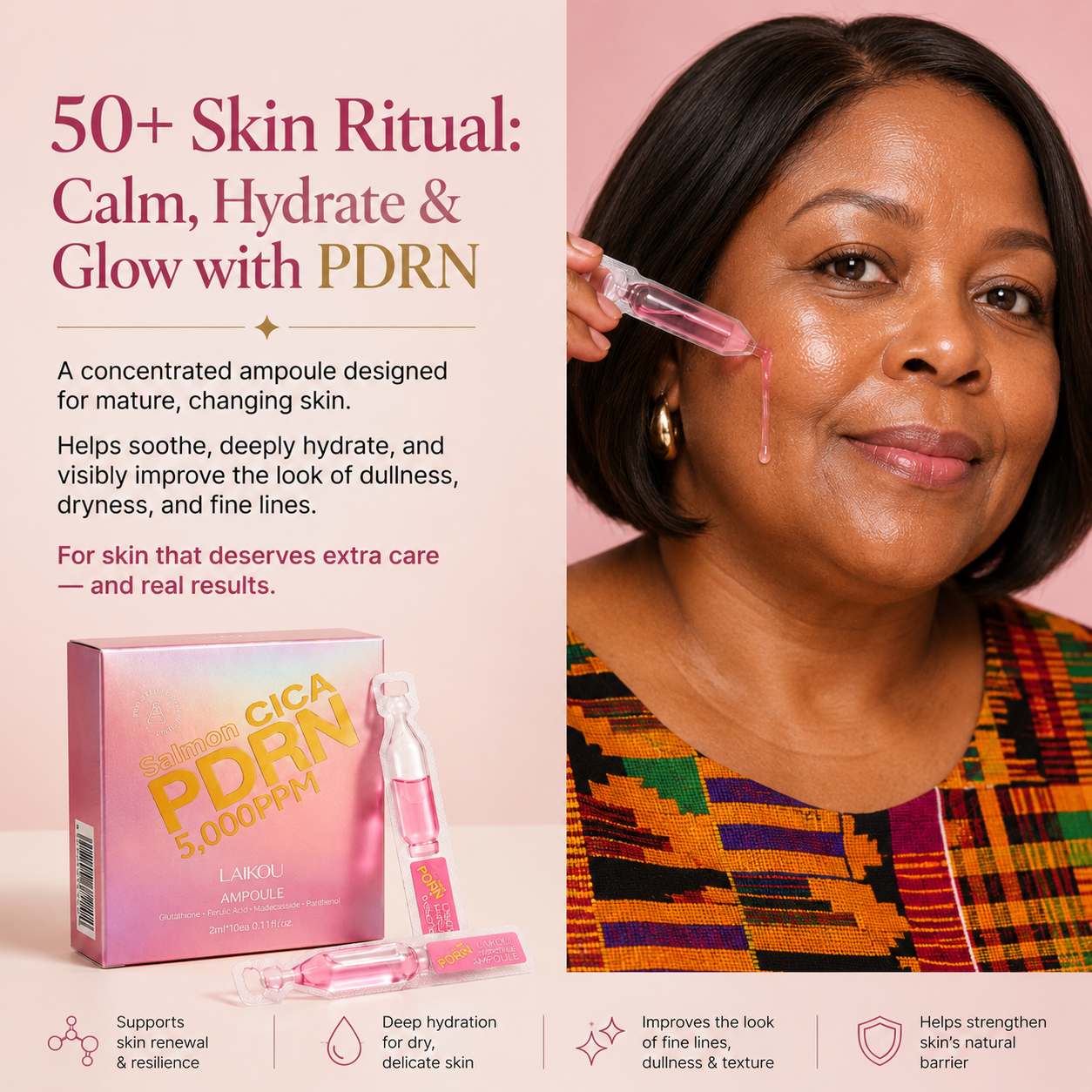 Advertisement for PDRN skincare product with a woman applying it to her face. also showing the packaging and benefis of the pdrn