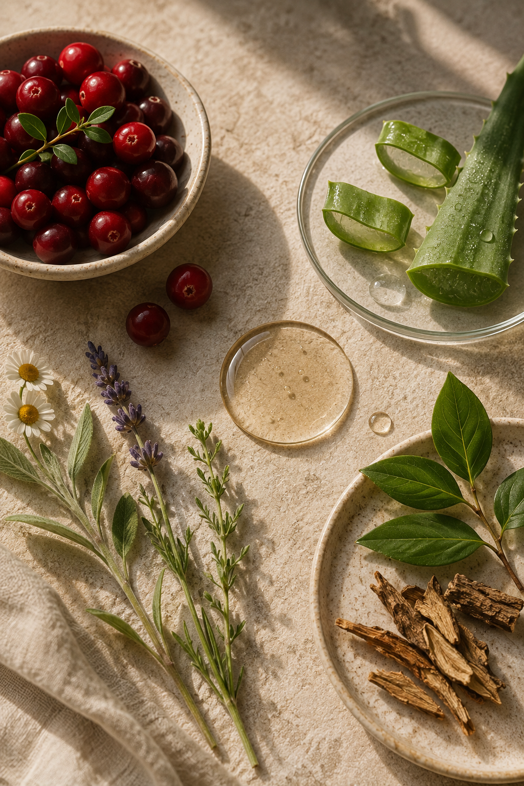 A styled flat-lay of natural ingredients on a beige linen surface, including a bowl of red cranberries, sliced aloe vera in a glass dish, dried roots on a plate, lavender and rosemary sprigs, and a small glass dish with a beige powder. No people or animals are present.