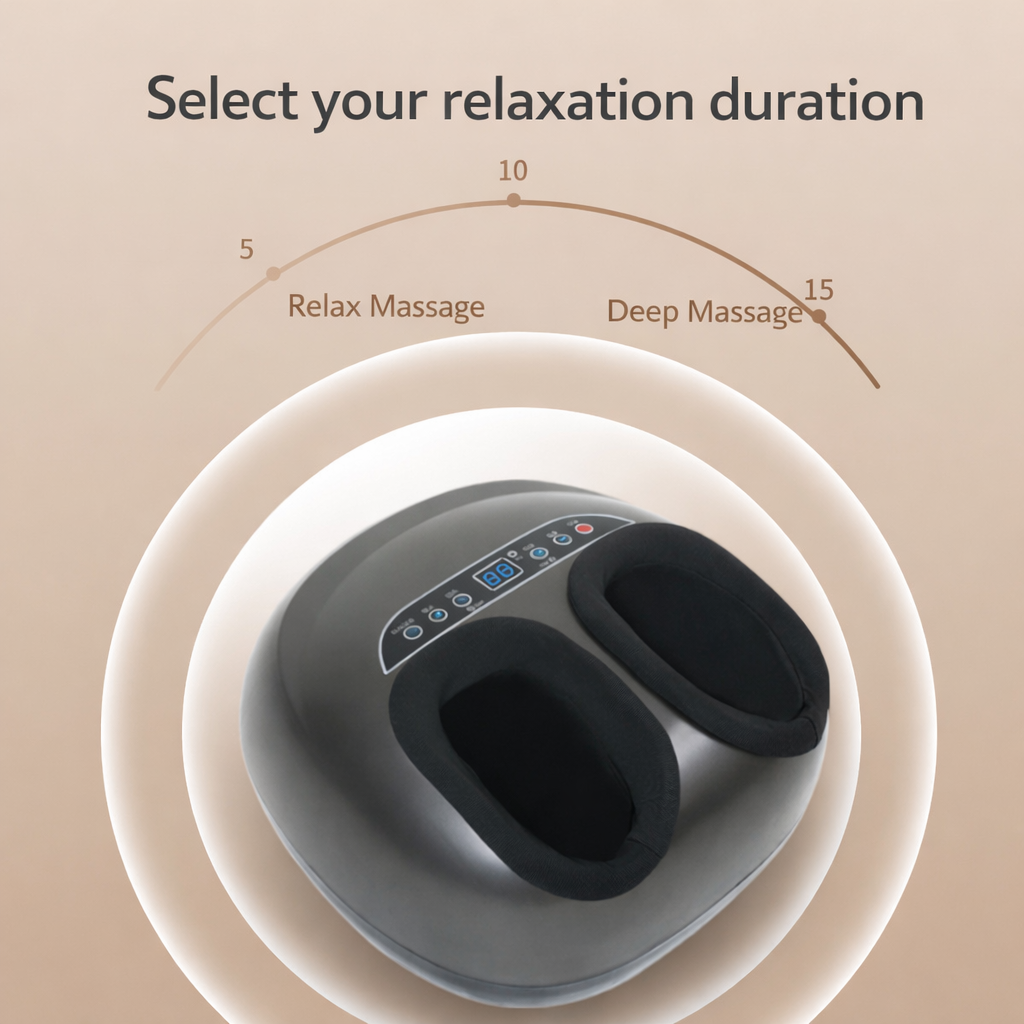 Foot massage device with duration selection on a beige background