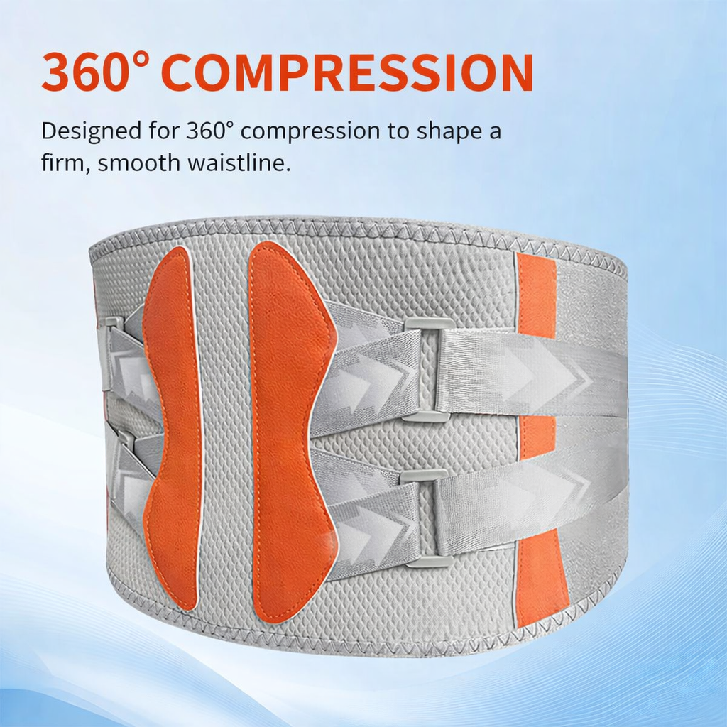 Gray and orange compression belt with text on a light blue background