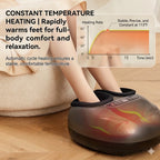 Person using a foot warmer with text about constant temperature heating on a wooden floor.
