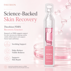 Theobion PDRN Recovery Essence packaging with pink liquid on a light pink background showing benefits-soothing support, Reduce visible redness and supports skin repair