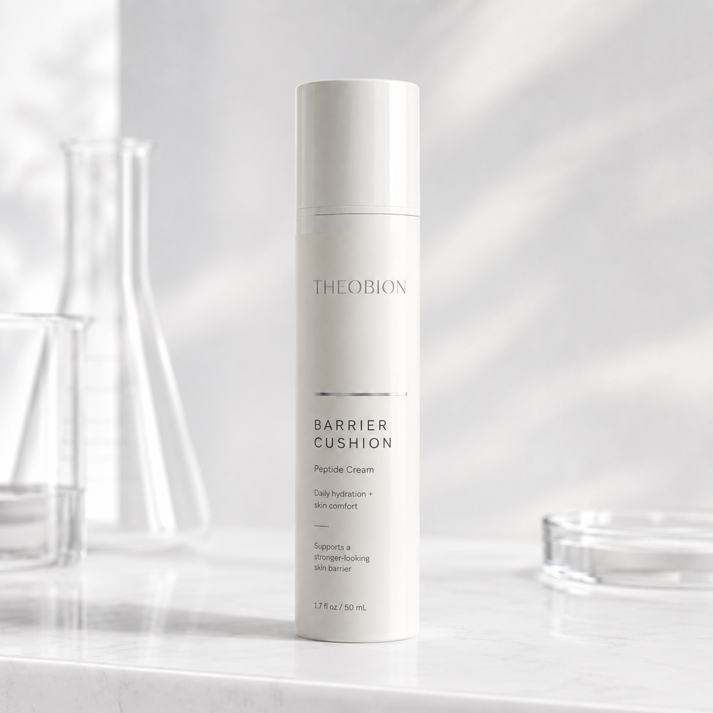 A white cylindrical bottle of THEOBION Barrier Cushion Peptide Cream stands on a light marble surface with soft shadows and blurred glassware in the background.